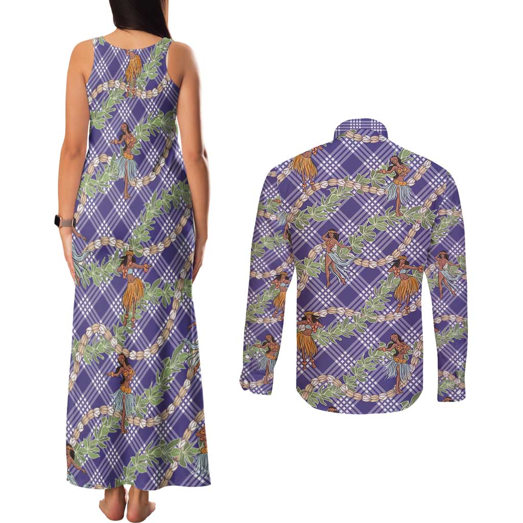 Lavender Palaka Hula Girls Seamless Hawaii Aloha Couples Matching Tank Maxi Dress and Long Sleeve Button Shirt - Polynesian Pride