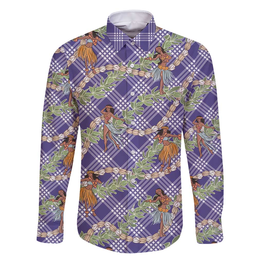 Lavender Palaka Hula Girls Seamless Hawaii Aloha Family Matching Long Sleeve Bodycon Dress and Hawaiian Shirt - Polynesian Pride