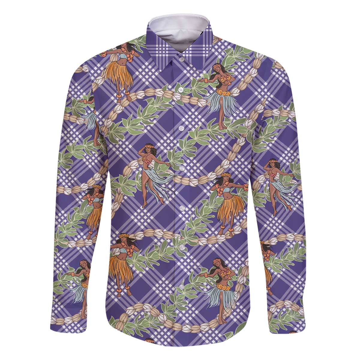 Lavender Palaka Hula Girls Seamless Hawaii Aloha Family Matching Off The Shoulder Long Sleeve Dress and Hawaiian Shirt - Polynesian Pride