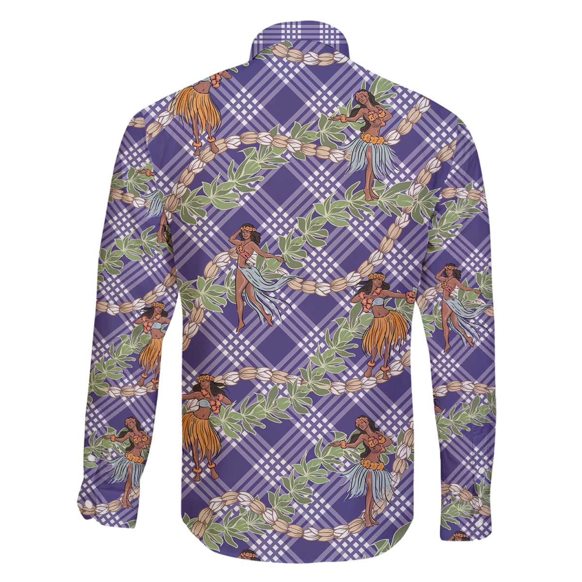 Lavender Palaka Hula Girls Seamless Hawaii Aloha Family Matching Off The Shoulder Long Sleeve Dress and Hawaiian Shirt - Polynesian Pride