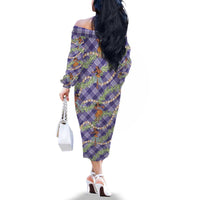 Lavender Palaka Hula Girls Seamless Hawaii Aloha Family Matching Off The Shoulder Long Sleeve Dress and Hawaiian Shirt - Polynesian Pride