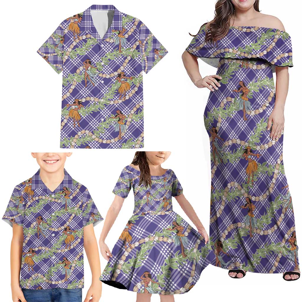 Lavender Palaka Hula Girls Seamless Hawaii Aloha Family Matching Off Shoulder Maxi Dress and Hawaiian Shirt - Polynesian Pride