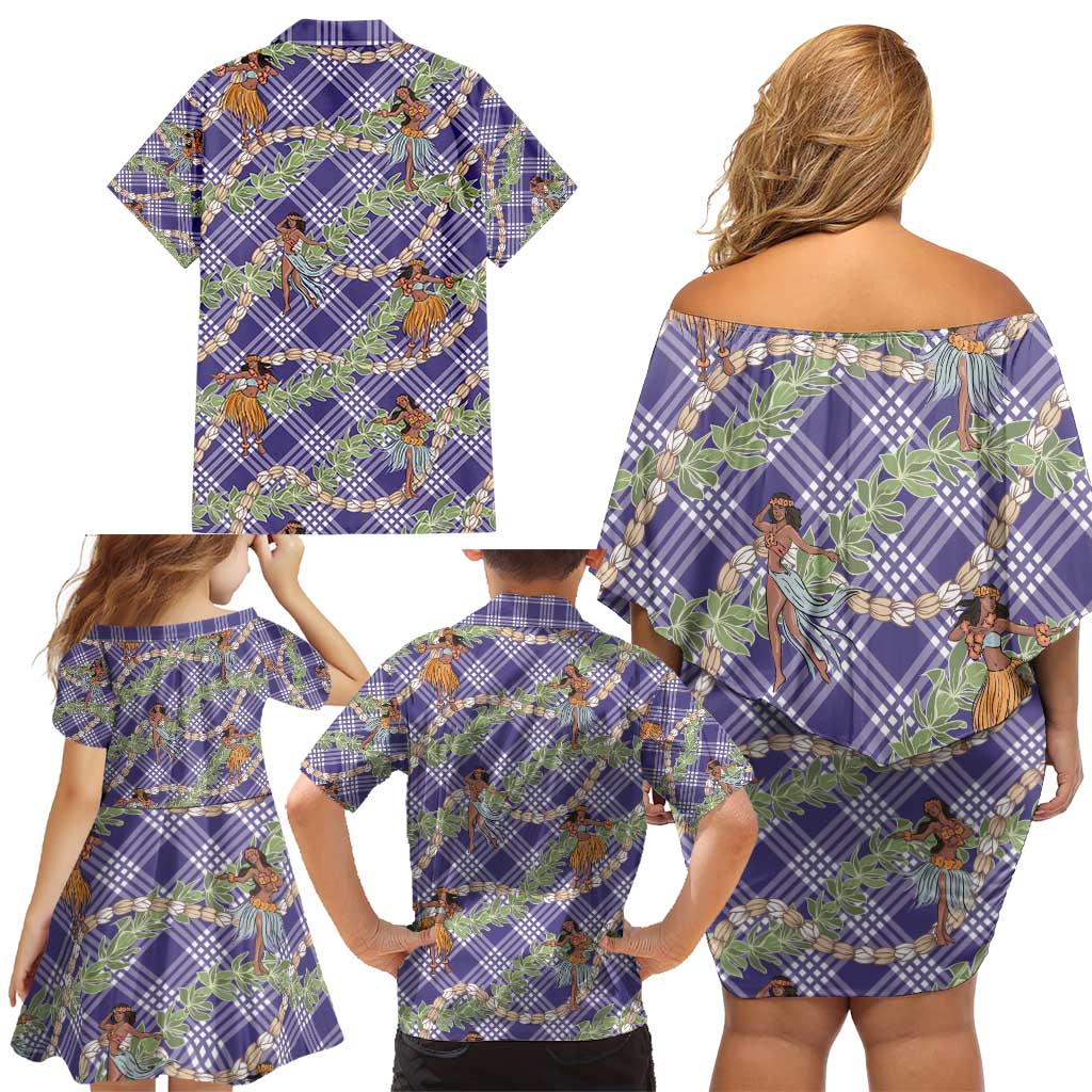 Lavender Palaka Hula Girls Seamless Hawaii Aloha Family Matching Off Shoulder Short Dress and Hawaiian Shirt - Polynesian Pride