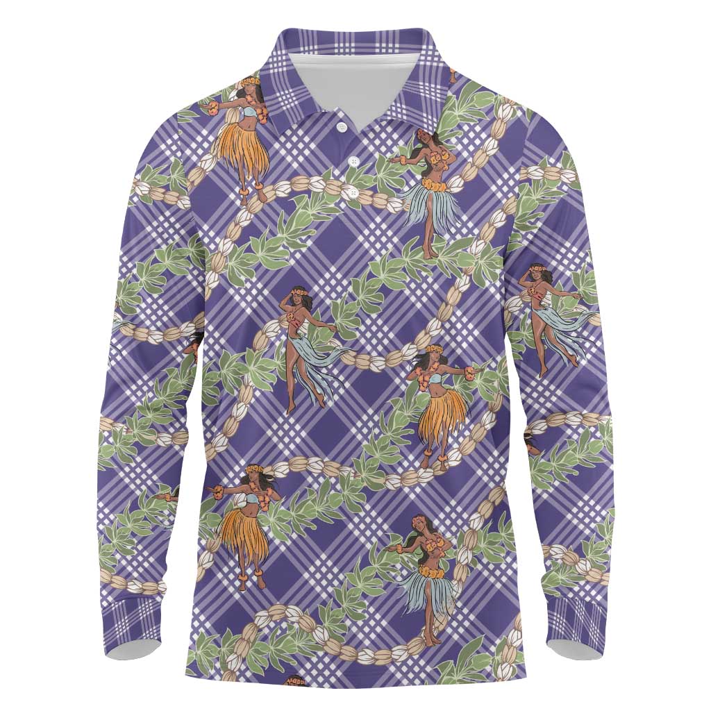 Lavender Palaka Hula Girls Seamless Hawaii Aloha Long Sleeve Polo Shirt - Polynesian Pride