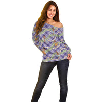 Lavender Palaka Hula Girls Seamless Hawaii Aloha Off Shoulder Sweater - Polynesian Pride