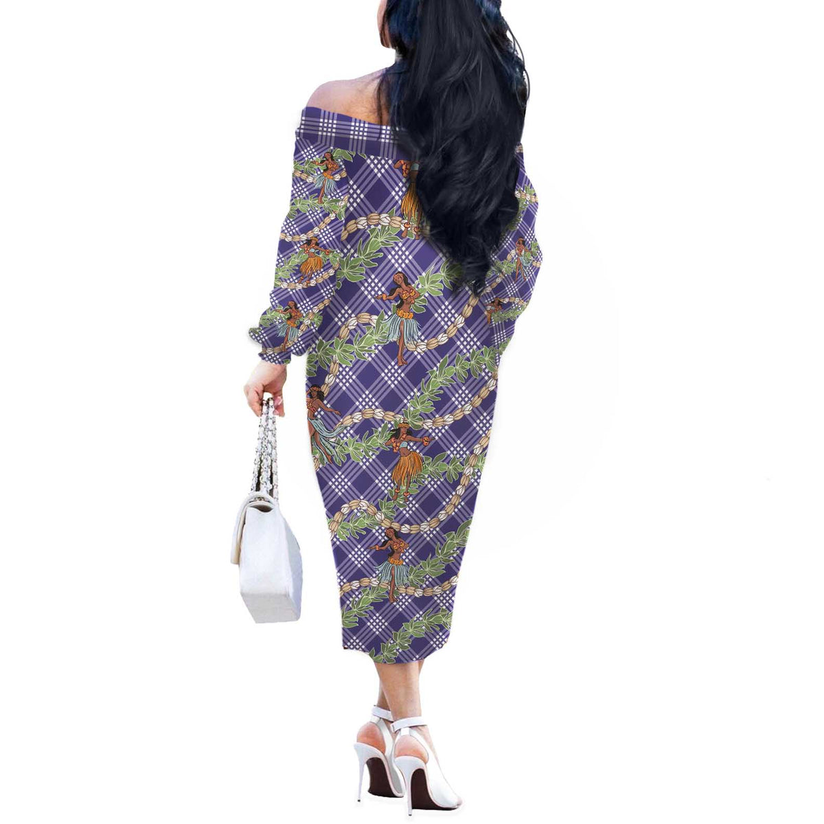 Lavender Palaka Hula Girls Seamless Hawaii Aloha Off The Shoulder Long Sleeve Dress - Polynesian Pride