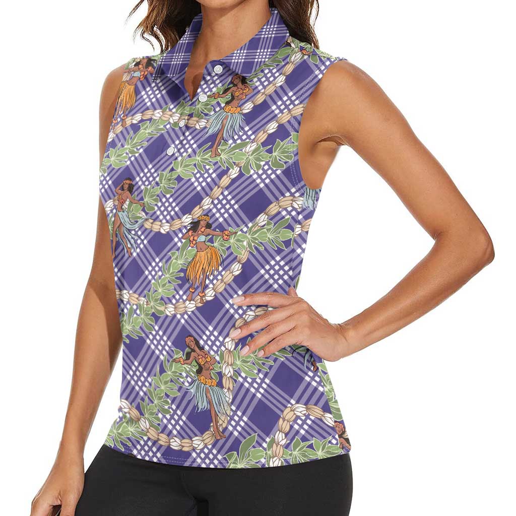 Lavender Palaka Hula Girls Seamless Hawaii Aloha Women Sleeveless Polo Shirt - Polynesian Pride