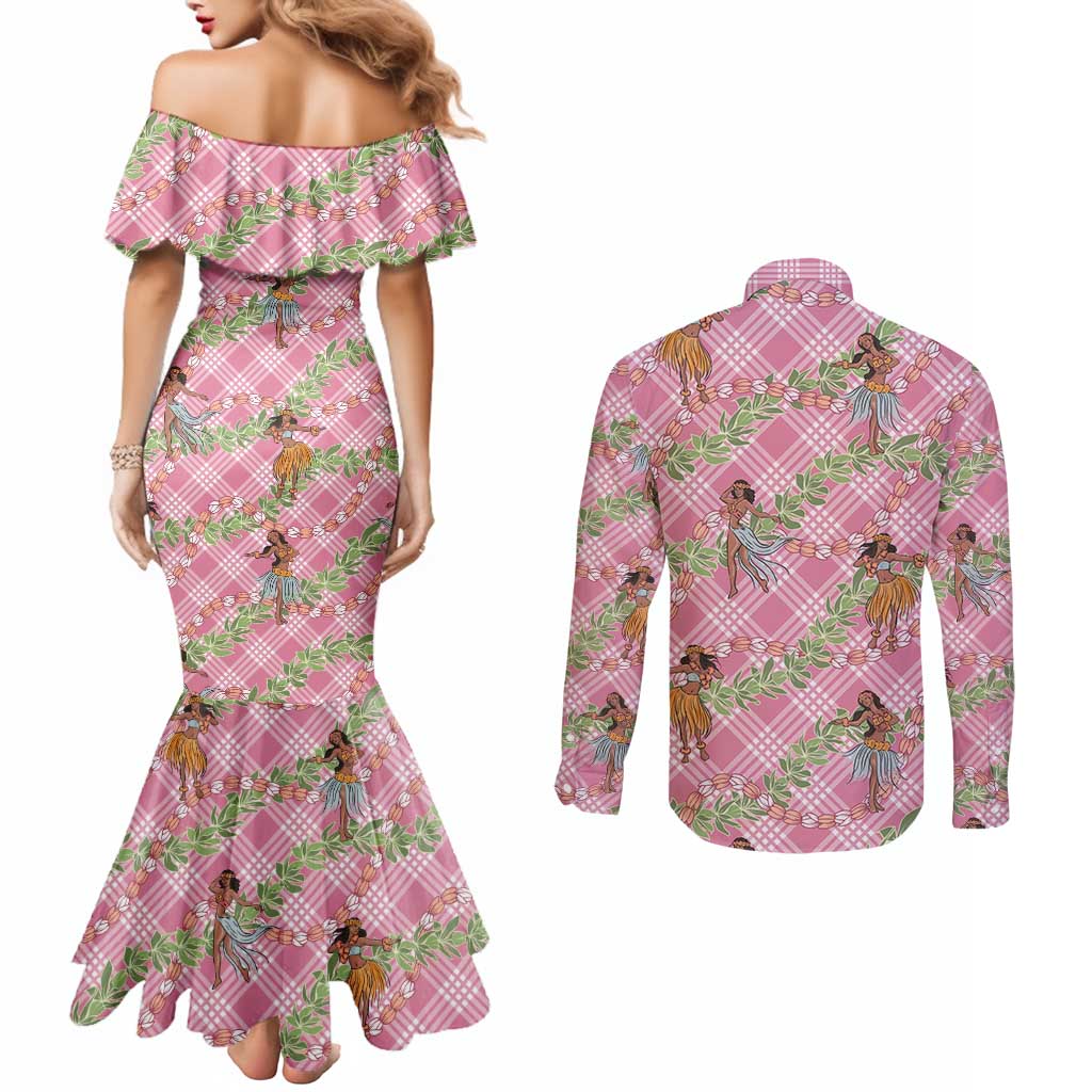 Lokelani Pink Palaka Hula Girls Seamless Hawaii Aloha Couples Matching Mermaid Dress and Long Sleeve Button Shirt - Polynesian Pride