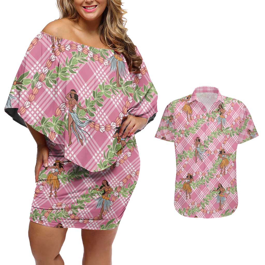 Lokelani Pink Palaka Hula Girls Seamless Hawaii Aloha Couples Matching Off Shoulder Short Dress and Hawaiian Shirt - Polynesian Pride