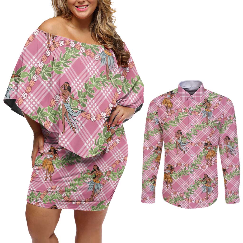 Lokelani Pink Palaka Hula Girls Seamless Hawaii Aloha Couples Matching Off Shoulder Short Dress and Long Sleeve Button Shirt - Polynesian Pride