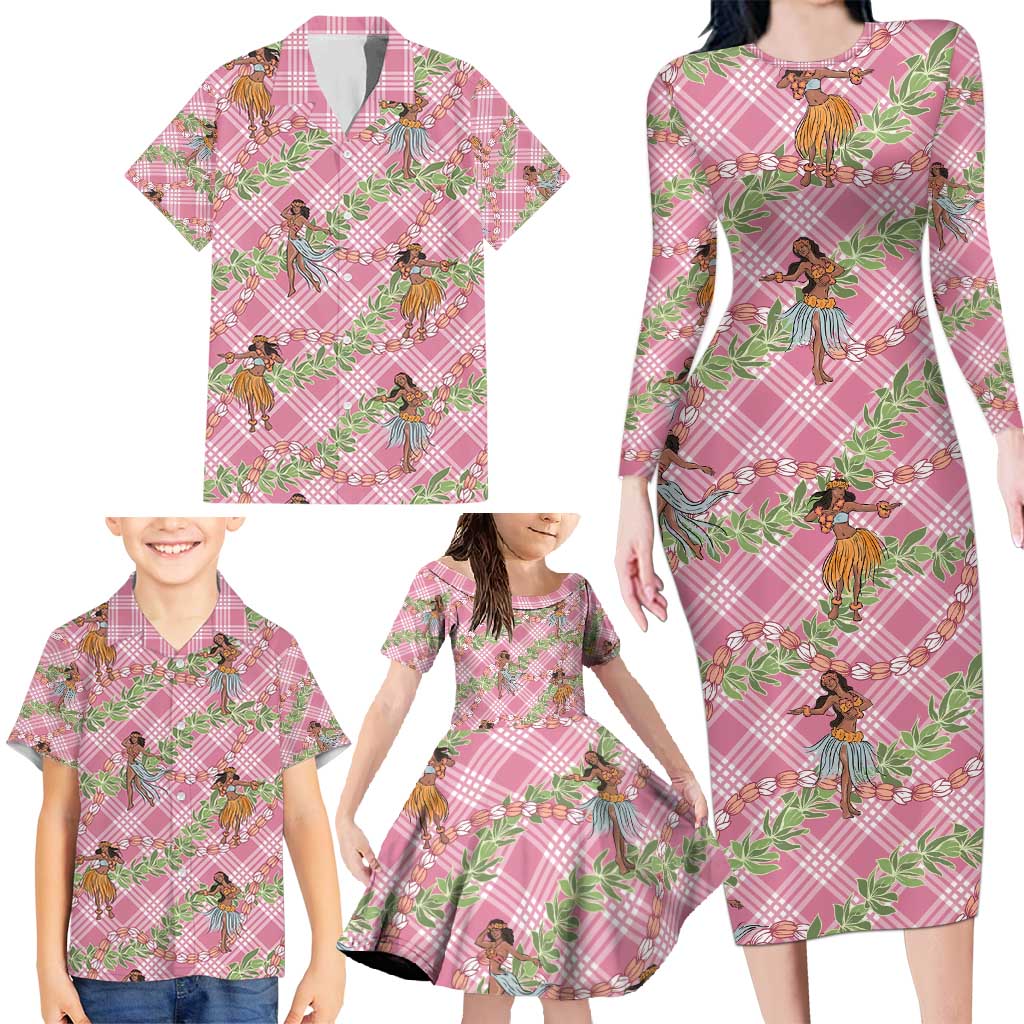 Lokelani Pink Palaka Hula Girls Seamless Hawaii Aloha Family Matching Long Sleeve Bodycon Dress and Hawaiian Shirt - Polynesian Pride