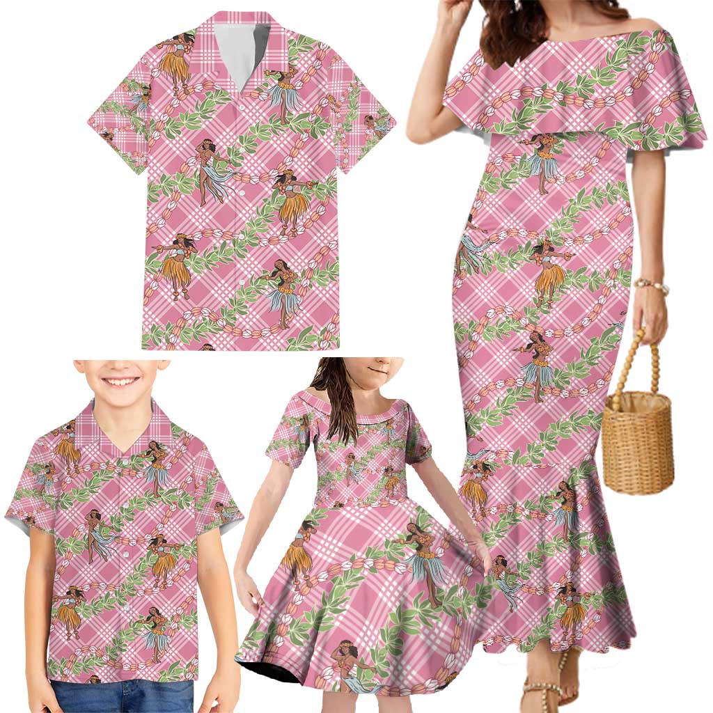Lokelani Pink Palaka Hula Girls Seamless Hawaii Aloha Family Matching Mermaid Dress and Hawaiian Shirt - Polynesian Pride