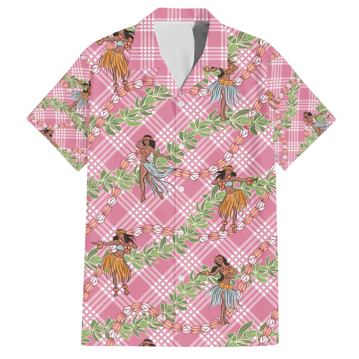 Lokelani Pink Palaka Hula Girls Seamless Hawaii Aloha Family Matching Off The Shoulder Long Sleeve Dress and Hawaiian Shirt - Polynesian Pride