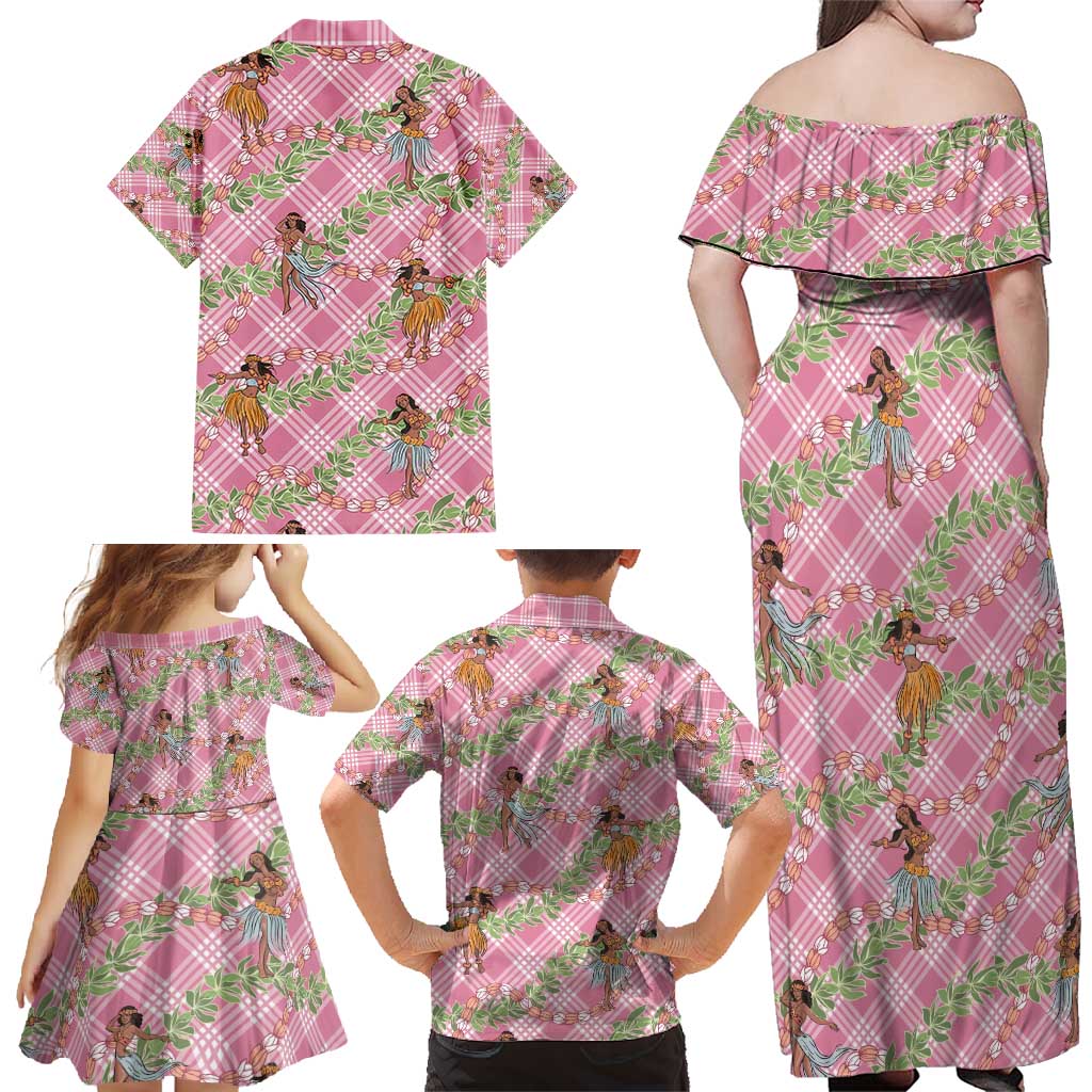 Lokelani Pink Palaka Hula Girls Seamless Hawaii Aloha Family Matching Off Shoulder Maxi Dress and Hawaiian Shirt - Polynesian Pride