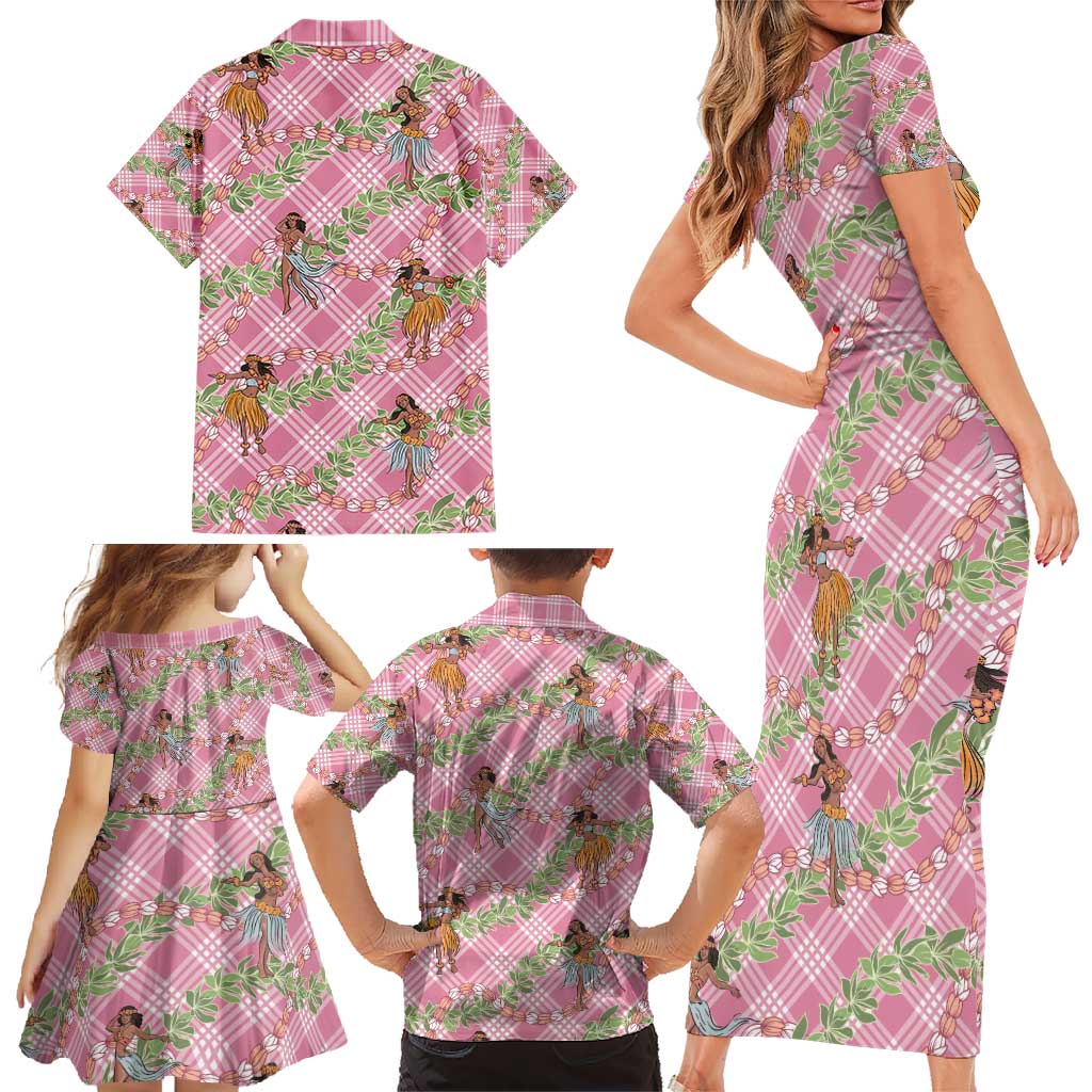 Lokelani Pink Palaka Hula Girls Seamless Hawaii Aloha Family Matching Short Sleeve Bodycon Dress and Hawaiian Shirt - Polynesian Pride