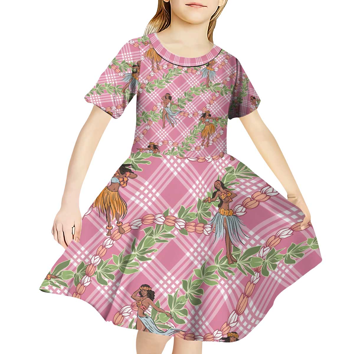 Lokelani Pink Palaka Hula Girls Seamless Hawaii Aloha Kid Short Sleeve Dress - Polynesian Pride