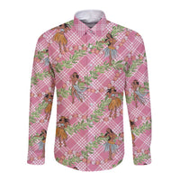 Lokelani Pink Palaka Hula Girls Seamless Hawaii Aloha Long Sleeve Button Shirt - Polynesian Pride