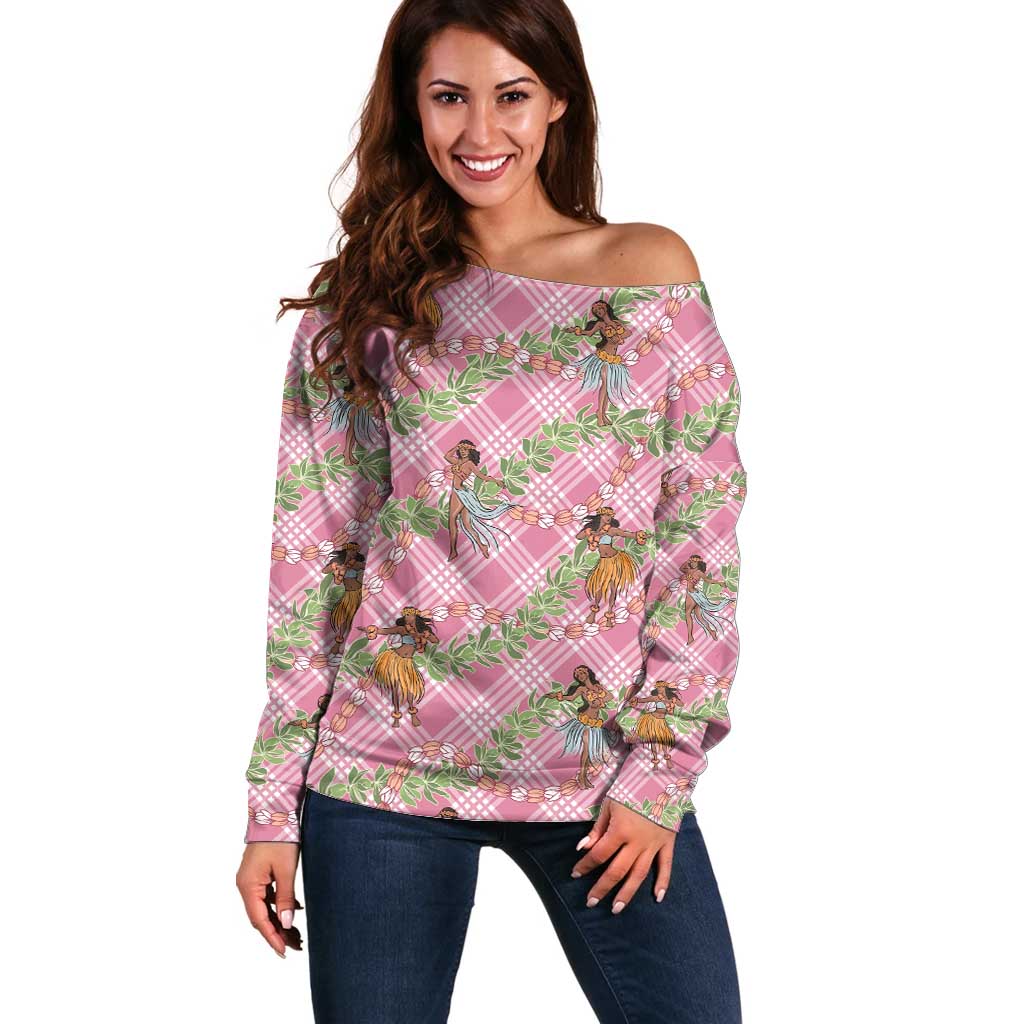 Lokelani Pink Palaka Hula Girls Seamless Hawaii Aloha Off Shoulder Sweater - Polynesian Pride