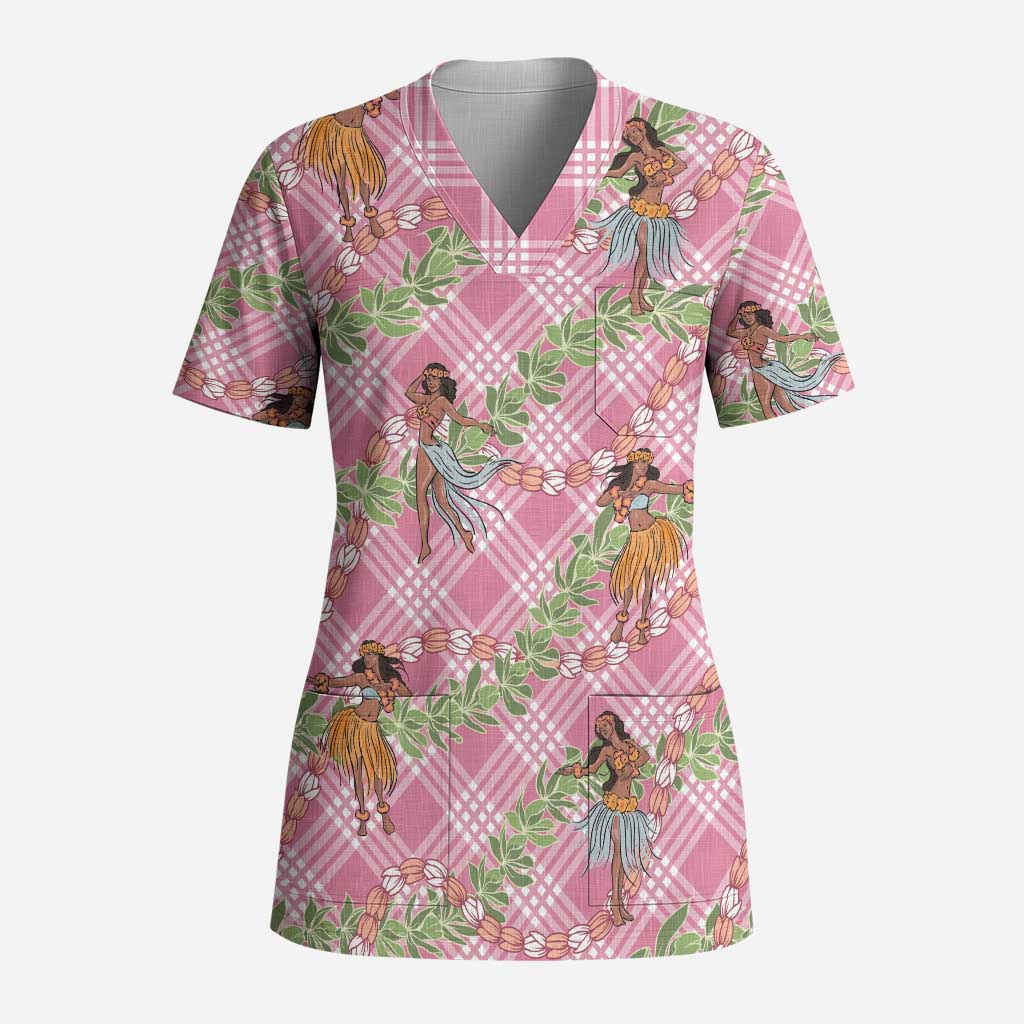 Lokelani Pink Palaka Hula Girls Seamless Hawaii Aloha Scrub Top - Polynesian Pride