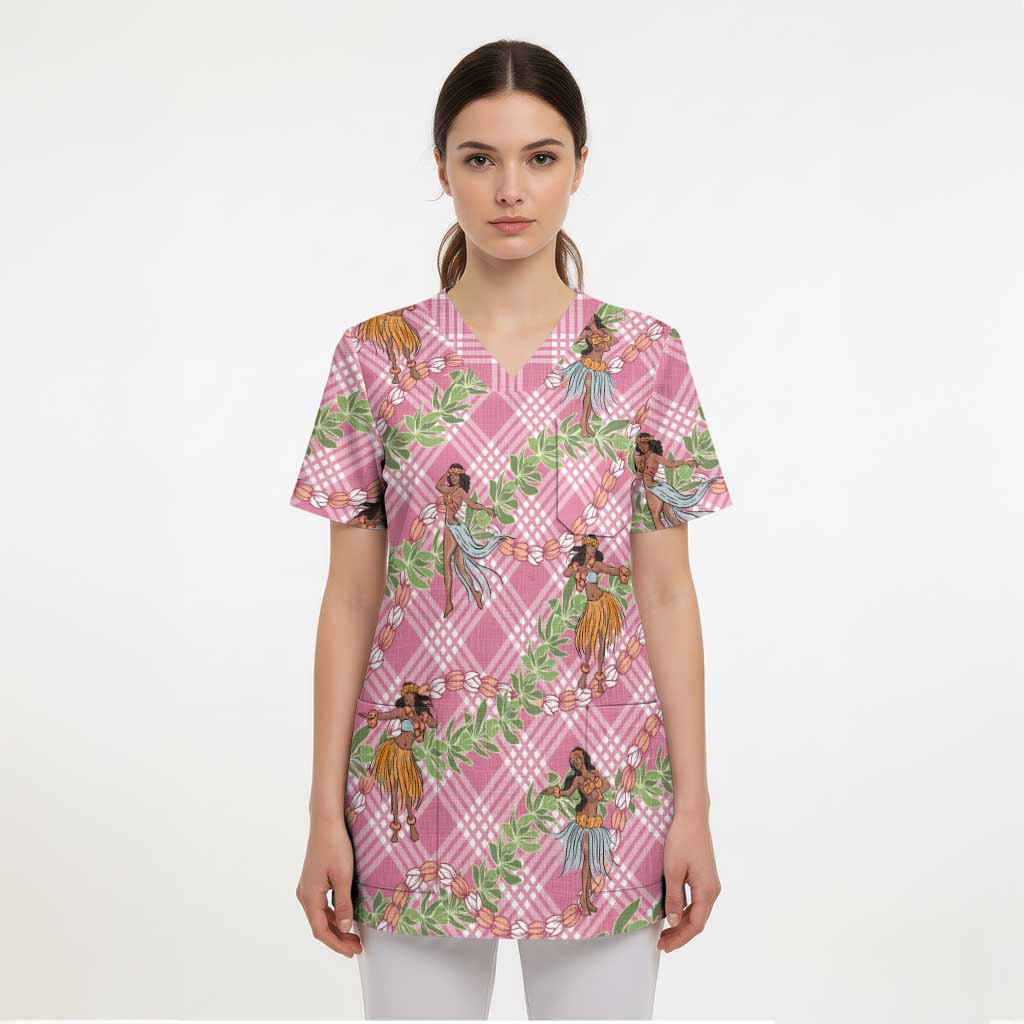 Lokelani Pink Palaka Hula Girls Seamless Hawaii Aloha Scrub Top - Polynesian Pride