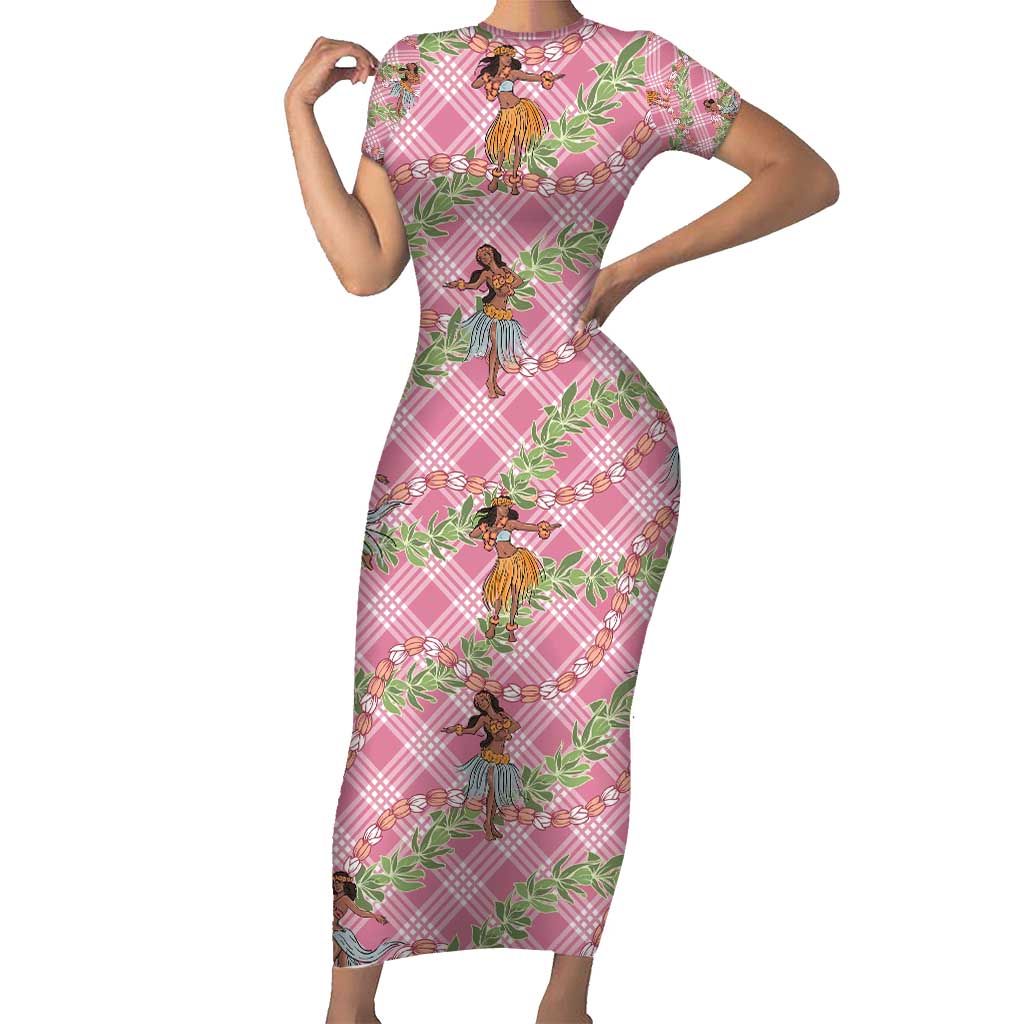 Lokelani Pink Palaka Hula Girls Seamless Hawaii Aloha Short Sleeve Bodycon Dress - Polynesian Pride