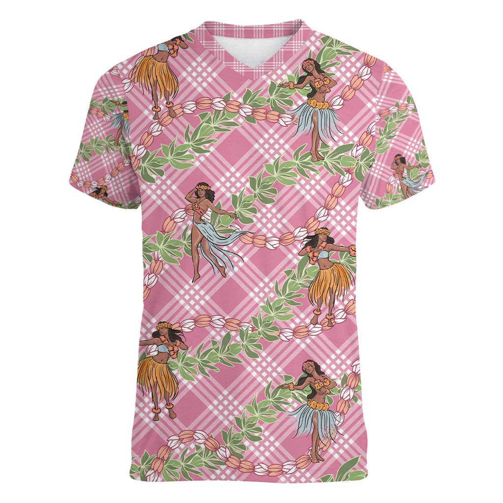 Lokelani Pink Palaka Hula Girls Seamless Hawaii Aloha Women V-Neck T-Shirt - Polynesian Pride