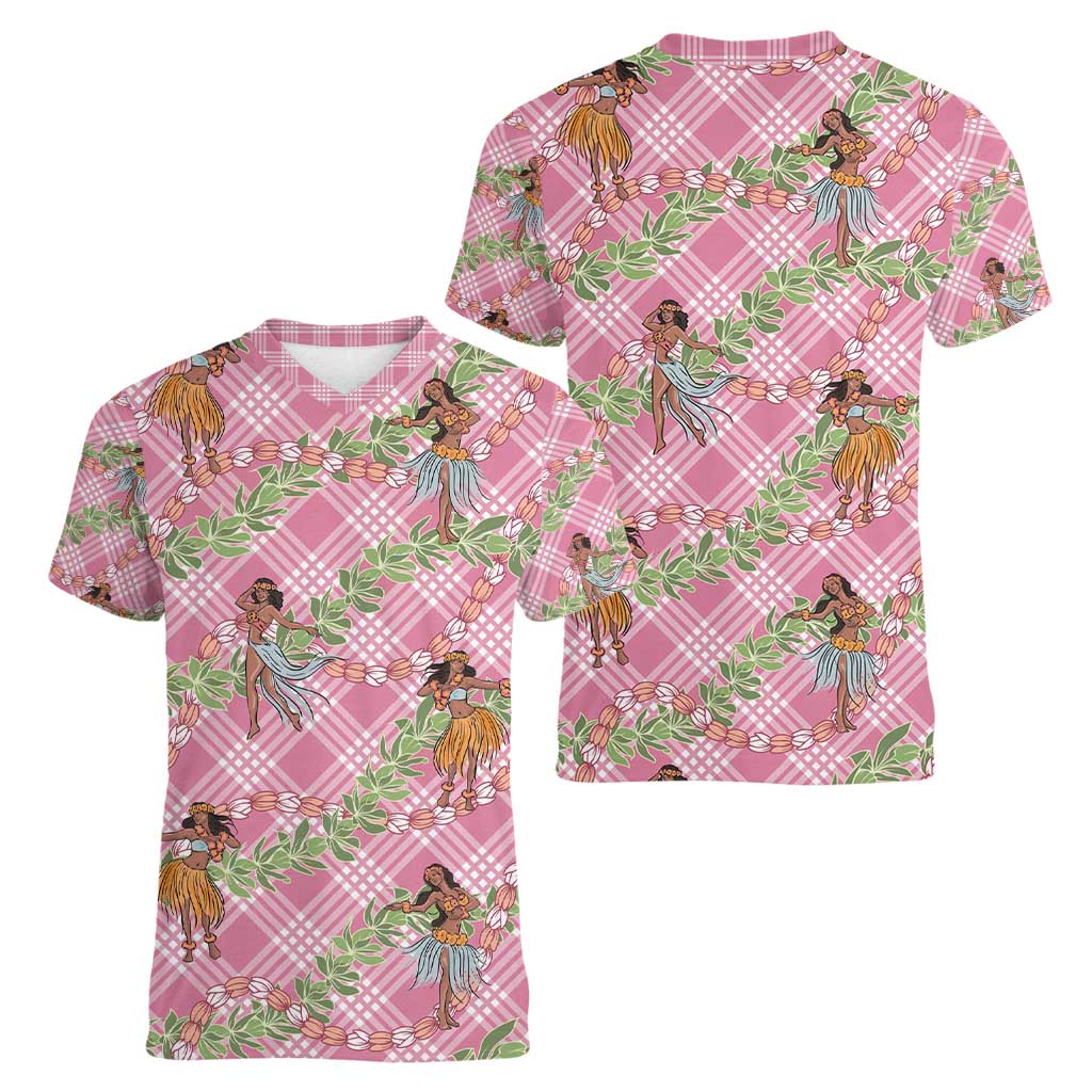 Lokelani Pink Palaka Hula Girls Seamless Hawaii Aloha Women V-Neck T-Shirt - Polynesian Pride