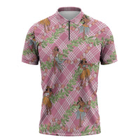 Lokelani Pink Palaka Hula Girls Seamless Hawaii Aloha Zipper Polo Shirt - Polynesian Pride