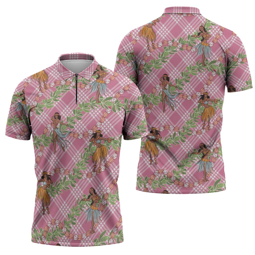 Lokelani Pink Palaka Hula Girls Seamless Hawaii Aloha Zipper Polo Shirt - Polynesian Pride