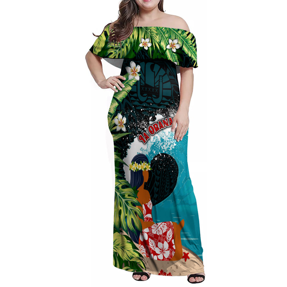 Tahiti Ia Orana Family Matching Off Shoulder Maxi Dress and Hawaiian Shirt Tahitian Vahine LT7 Mom's Dress Colorful - Polynesian Pride
