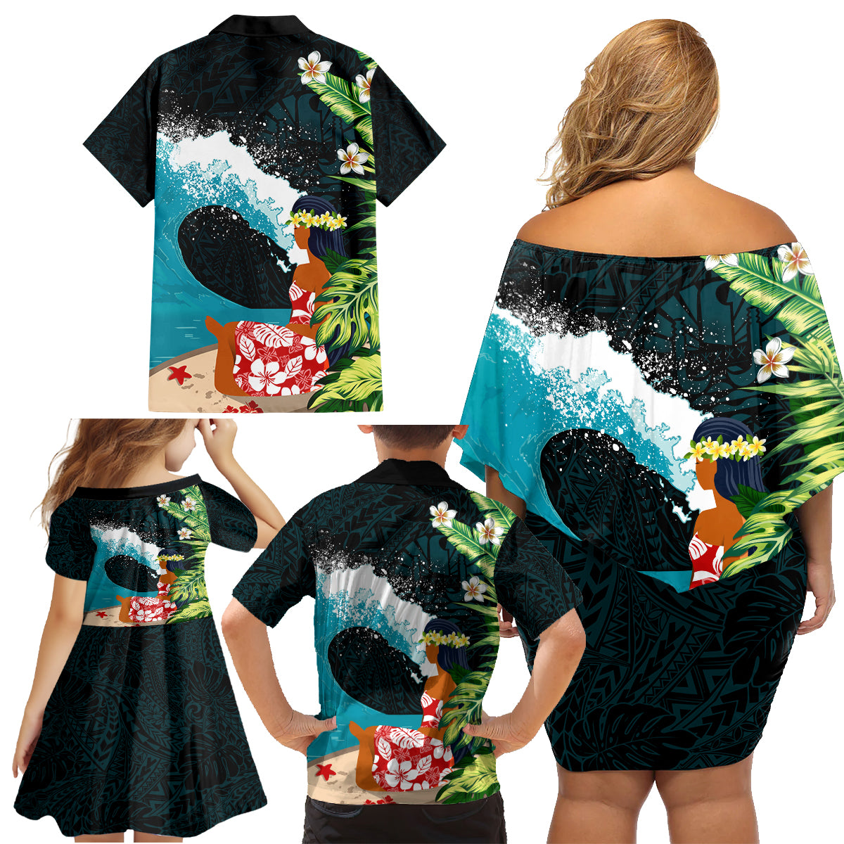 Tahiti Ia Orana Family Matching Off Shoulder Short Dress and Hawaiian Shirt Tahitian Vahine LT7 - Polynesian Pride