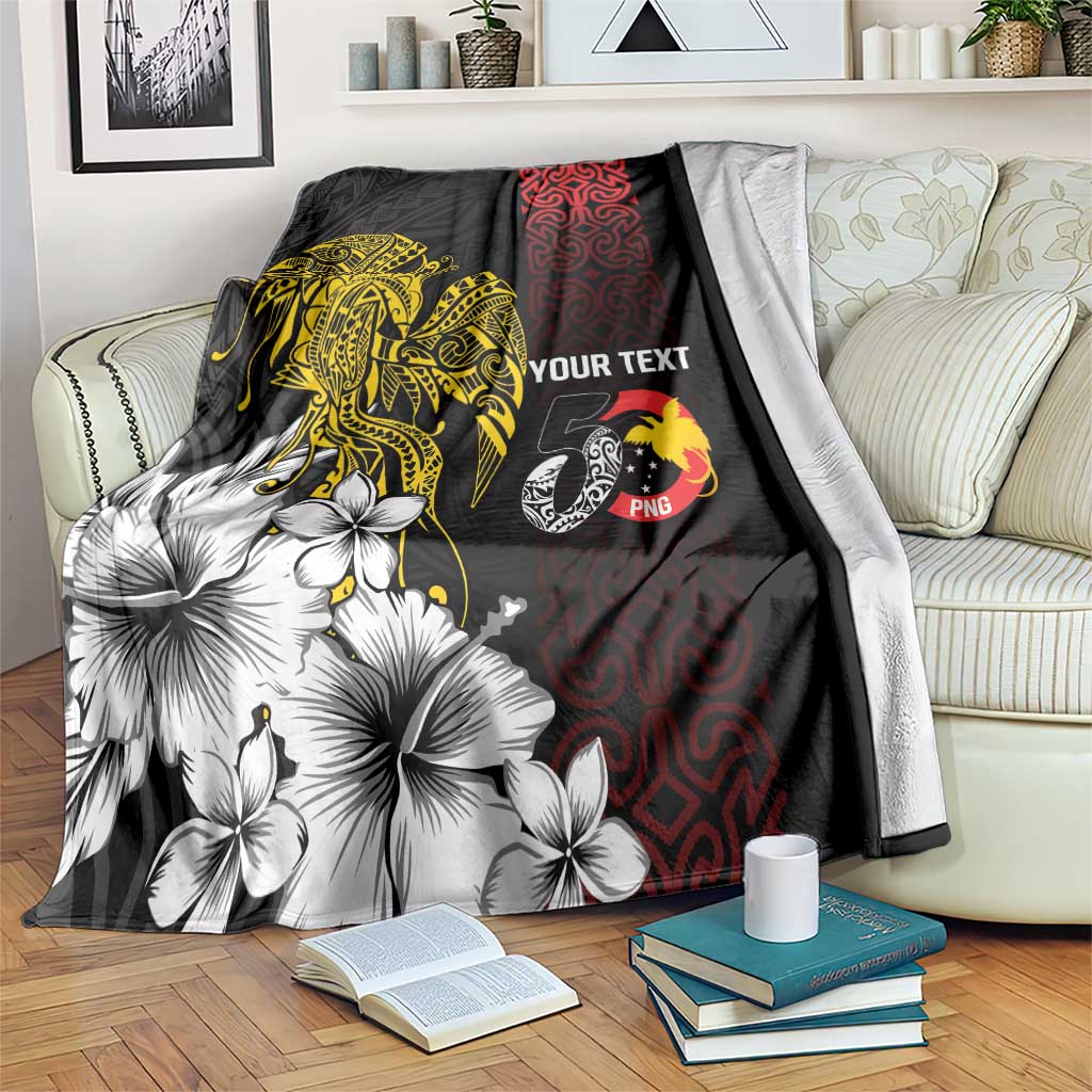 Personalized Papua New Guinea 50th Independence Anniversary Blanket Oro Tapa Mix Plumeria LT7 Black - Polynesian Pride