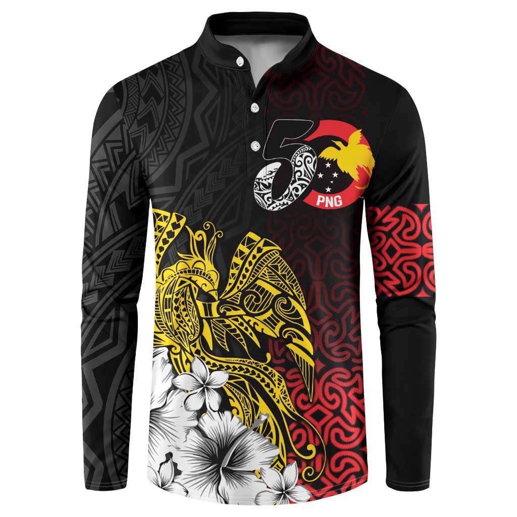 Personalized Papua New Guinea 50th Independence Anniversary Button Sweatshirt Oro Tapa Mix Plumeria LT7 Black - Polynesian Pride