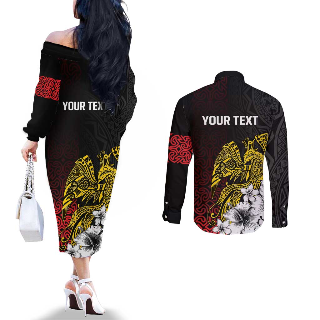 Personalized Papua New Guinea 50th Independence Anniversary Couples Matching Off The Shoulder Long Sleeve Dress and Long Sleeve Button Shirt Oro Tapa Mix Plumeria