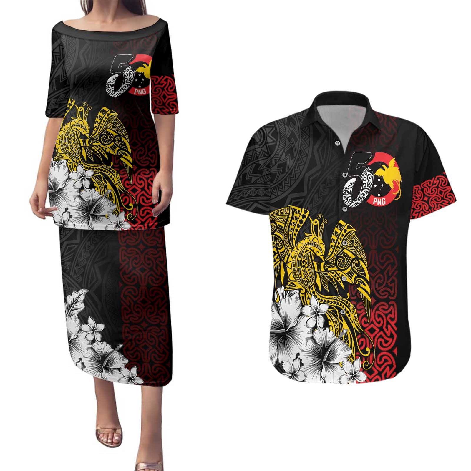 Personalized Papua New Guinea 50th Independence Anniversary Couples Matching Puletasi and Hawaiian Shirt Oro Tapa Mix Plumeria LT7 Black - Polynesian Pride