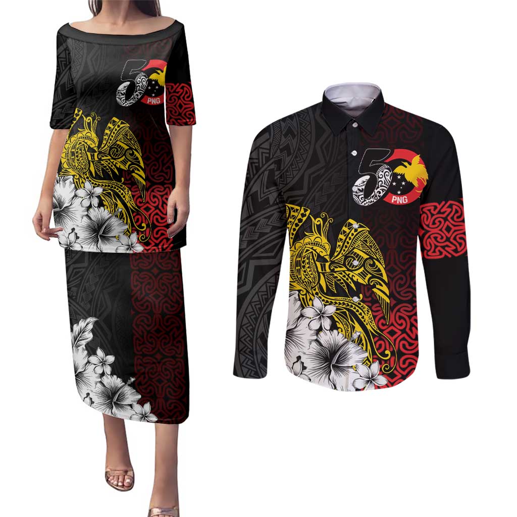 Personalized Papua New Guinea 50th Independence Anniversary Couples Matching Puletasi and Long Sleeve Button Shirt Oro Tapa Mix Plumeria LT7 Black - Polynesian Pride