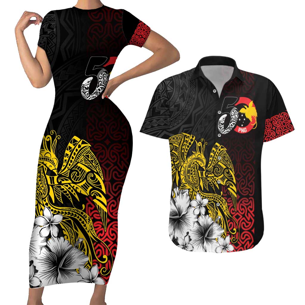 Personalized Papua New Guinea 50th Independence Anniversary Couples Matching Short Sleeve Bodycon Dress and Hawaiian Shirt Oro Tapa Mix Plumeria LT7 Black - Polynesian Pride