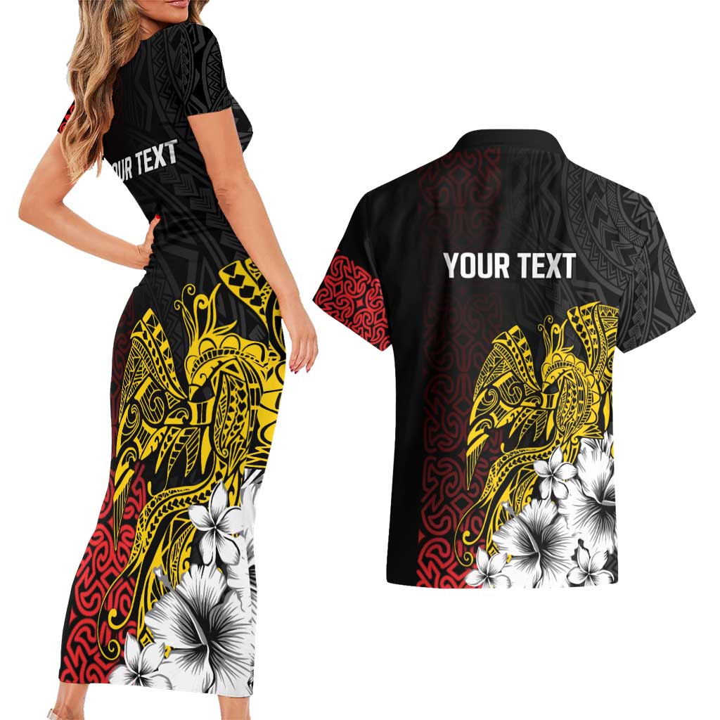 Personalized Papua New Guinea 50th Independence Anniversary Couples Matching Short Sleeve Bodycon Dress and Hawaiian Shirt Oro Tapa Mix Plumeria