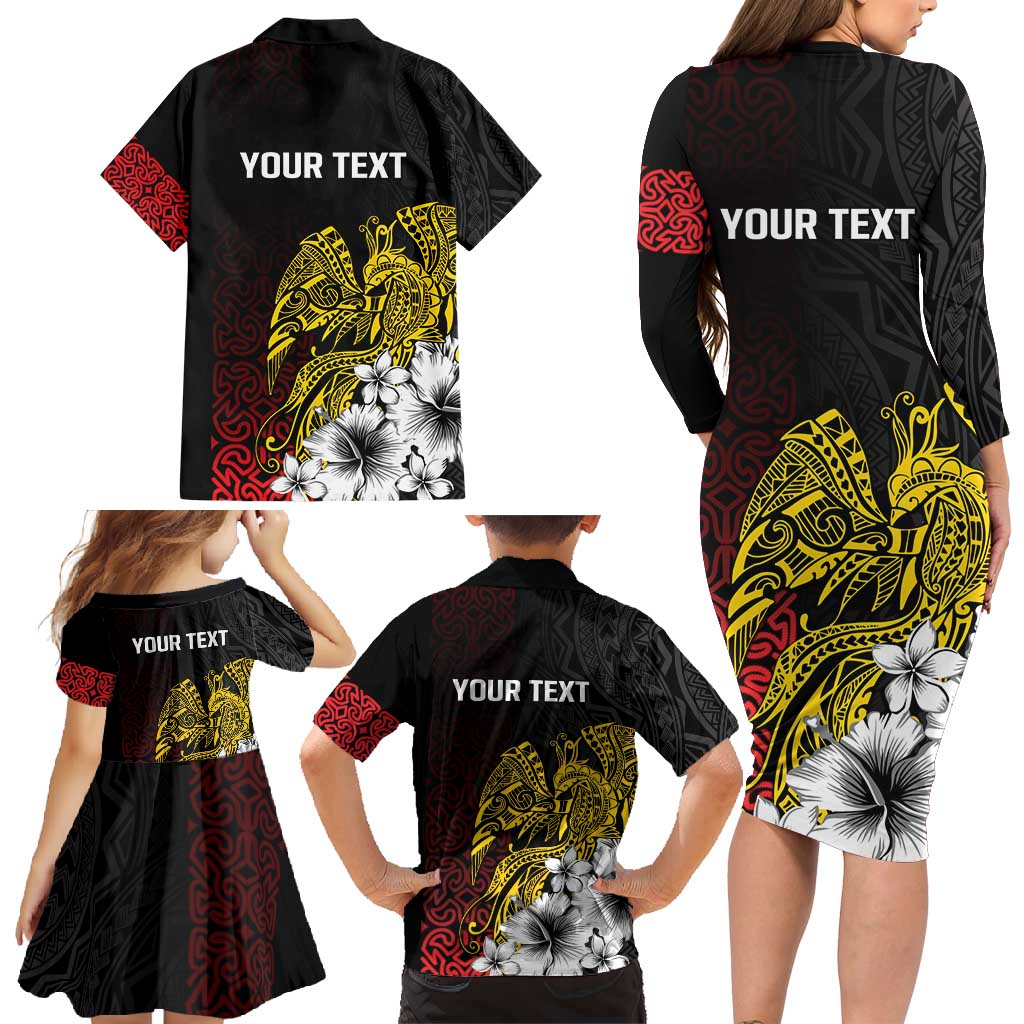 Personalized Papua New Guinea 50th Independence Anniversary Family Matching Long Sleeve Bodycon Dress and Hawaiian Shirt Oro Tapa Mix Plumeria