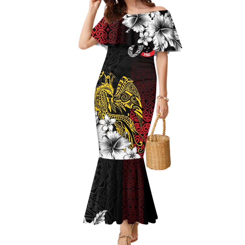 Personalized Papua New Guinea 50th Independence Anniversary Family Matching Mermaid Dress and Hawaiian Shirt Oro Tapa Mix Plumeria