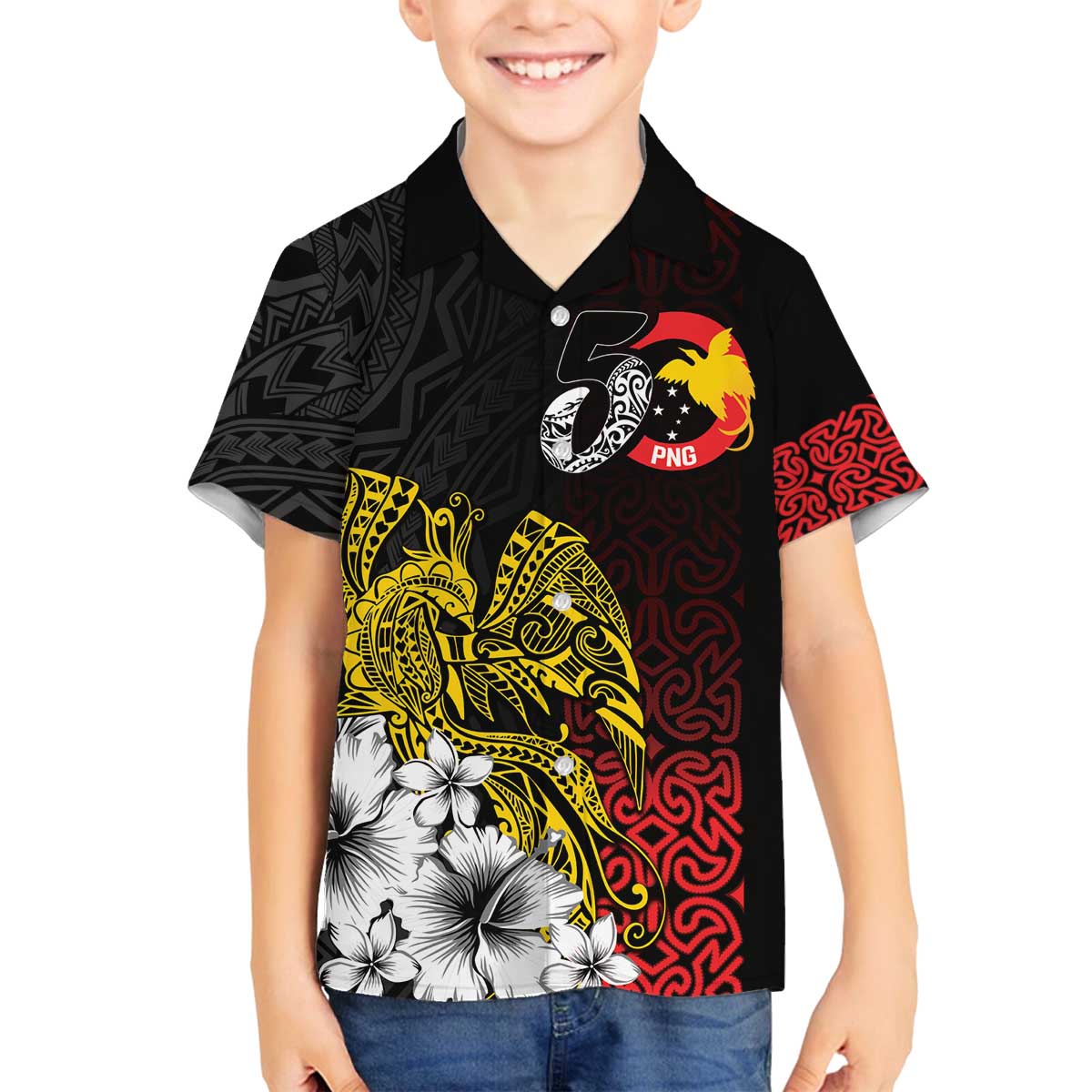 Personalized Papua New Guinea 50th Independence Anniversary Family Matching Off The Shoulder Long Sleeve Dress and Hawaiian Shirt Oro Tapa Mix Plumeria