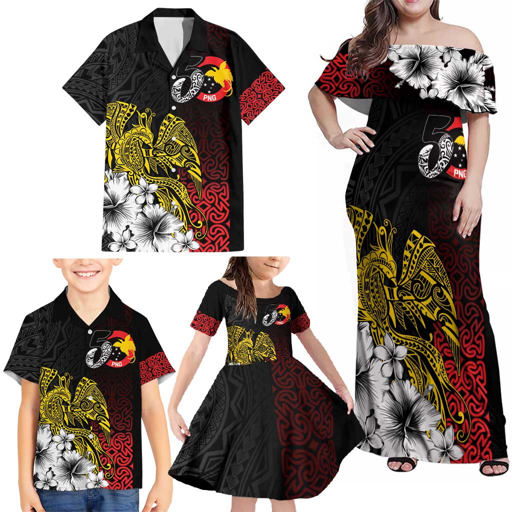 Personalized Papua New Guinea 50th Independence Anniversary Family Matching Off Shoulder Maxi Dress and Hawaiian Shirt Oro Tapa Mix Plumeria