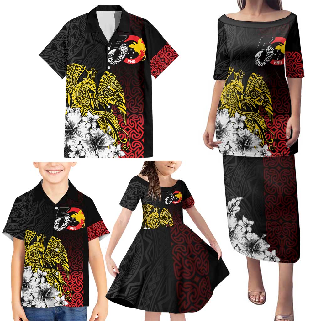 Personalized Papua New Guinea 50th Independence Anniversary Family Matching Puletasi and Hawaiian Shirt Oro Tapa Mix Plumeria