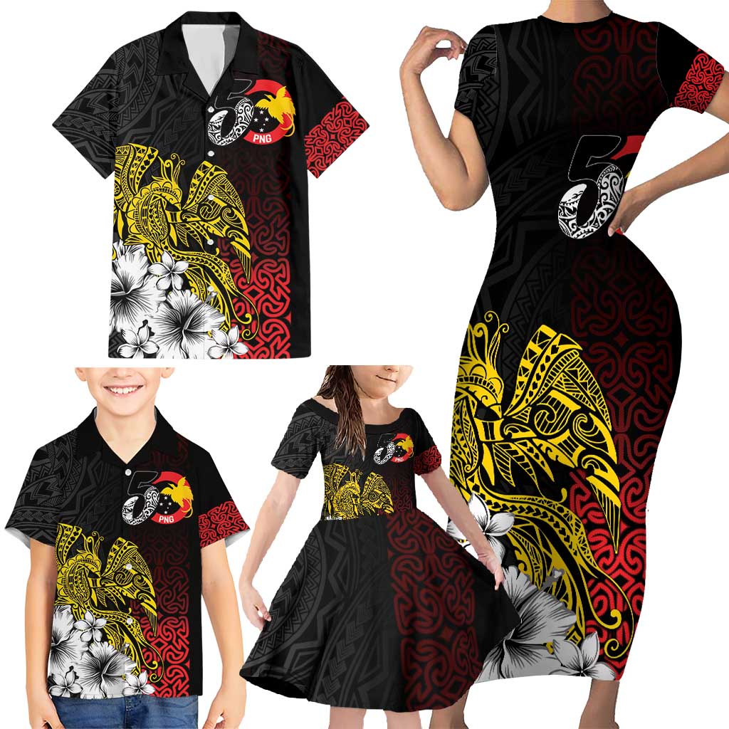 Personalized Papua New Guinea 50th Independence Anniversary Family Matching Short Sleeve Bodycon Dress and Hawaiian Shirt Oro Tapa Mix Plumeria