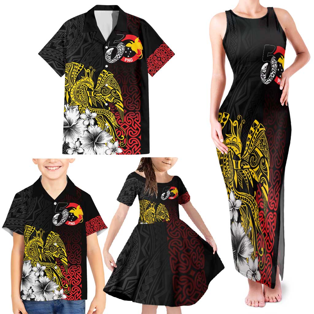 Personalized Papua New Guinea 50th Independence Anniversary Family Matching Tank Maxi Dress and Hawaiian Shirt Oro Tapa Mix Plumeria