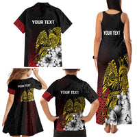 Personalized Papua New Guinea 50th Independence Anniversary Family Matching Tank Maxi Dress and Hawaiian Shirt Oro Tapa Mix Plumeria