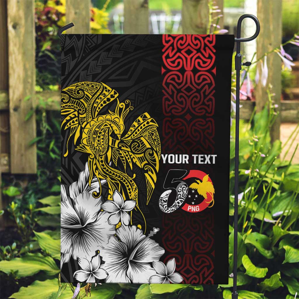 Personalized Papua New Guinea 50th Independence Anniversary Garden Flag Oro Tapa Mix Plumeria LT7 Garden Flag Black - Polynesian Pride