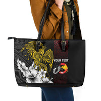 Personalized Papua New Guinea 50th Independence Anniversary Leather Tote Bag Oro Tapa Mix Plumeria
