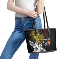 Personalized Papua New Guinea 50th Independence Anniversary Leather Tote Bag Oro Tapa Mix Plumeria
