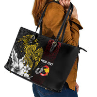 Personalized Papua New Guinea 50th Independence Anniversary Leather Tote Bag Oro Tapa Mix Plumeria